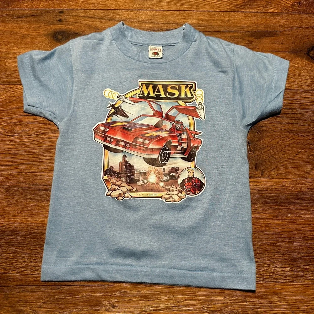 Vintage Fruit of the Loom Blue MASK Graphic T-Shirt Kids Medium 6-8 1985